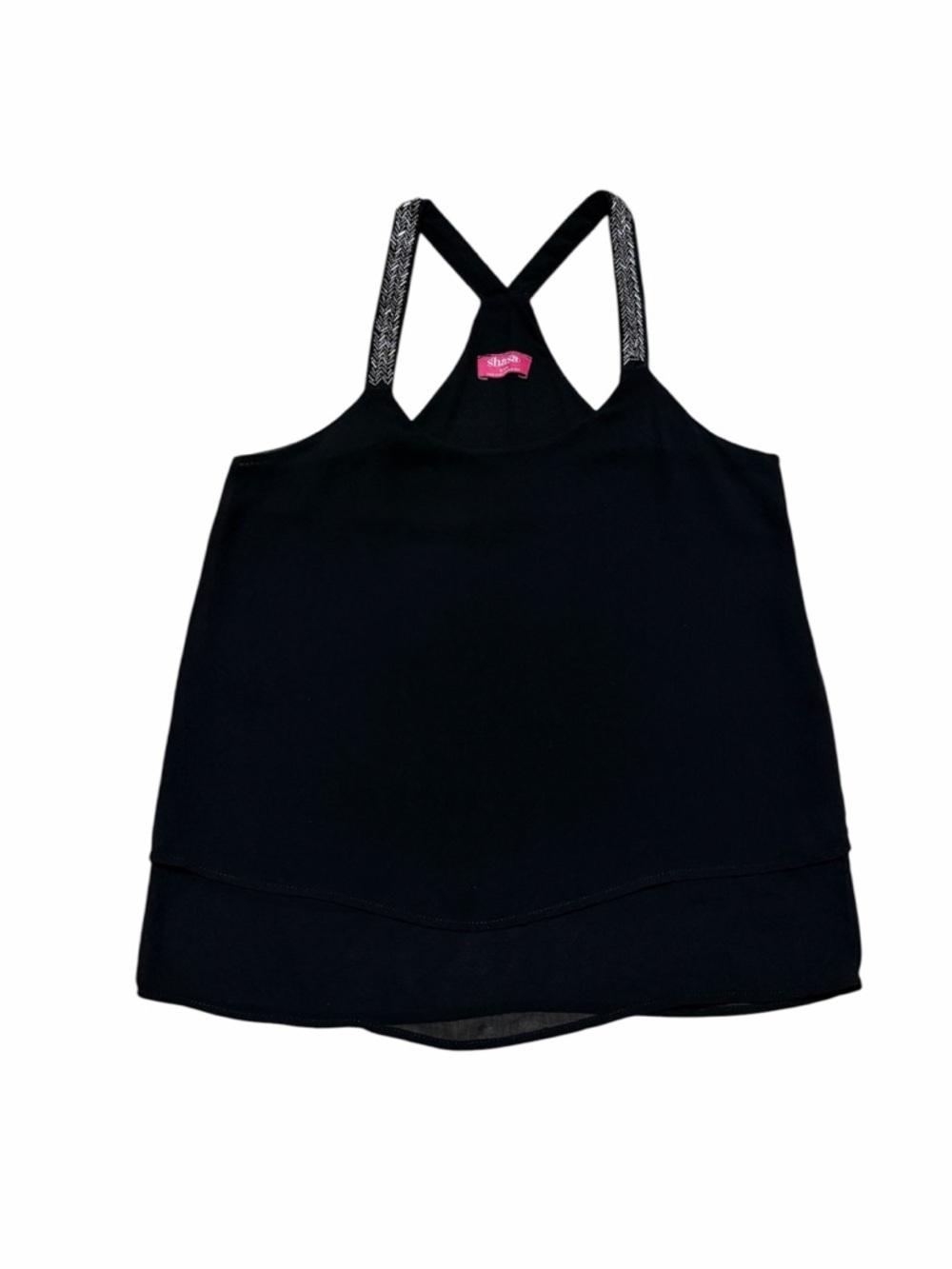 Shasa Racerback Halter Tank Top Women’s S Black Beaded Straps Tiered Sleeveless